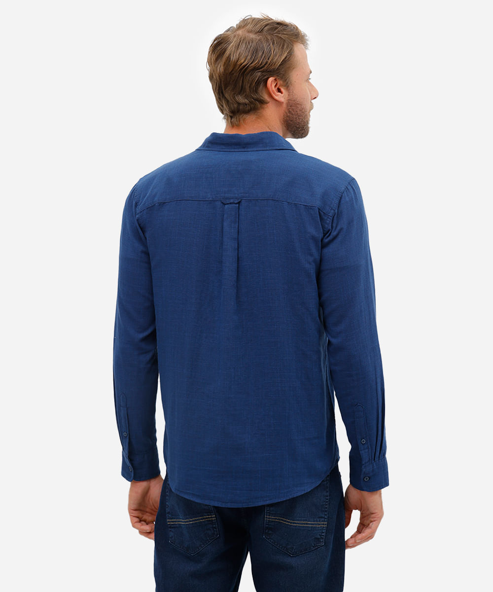 camisa comfort de algodão manga longa com bolso azul