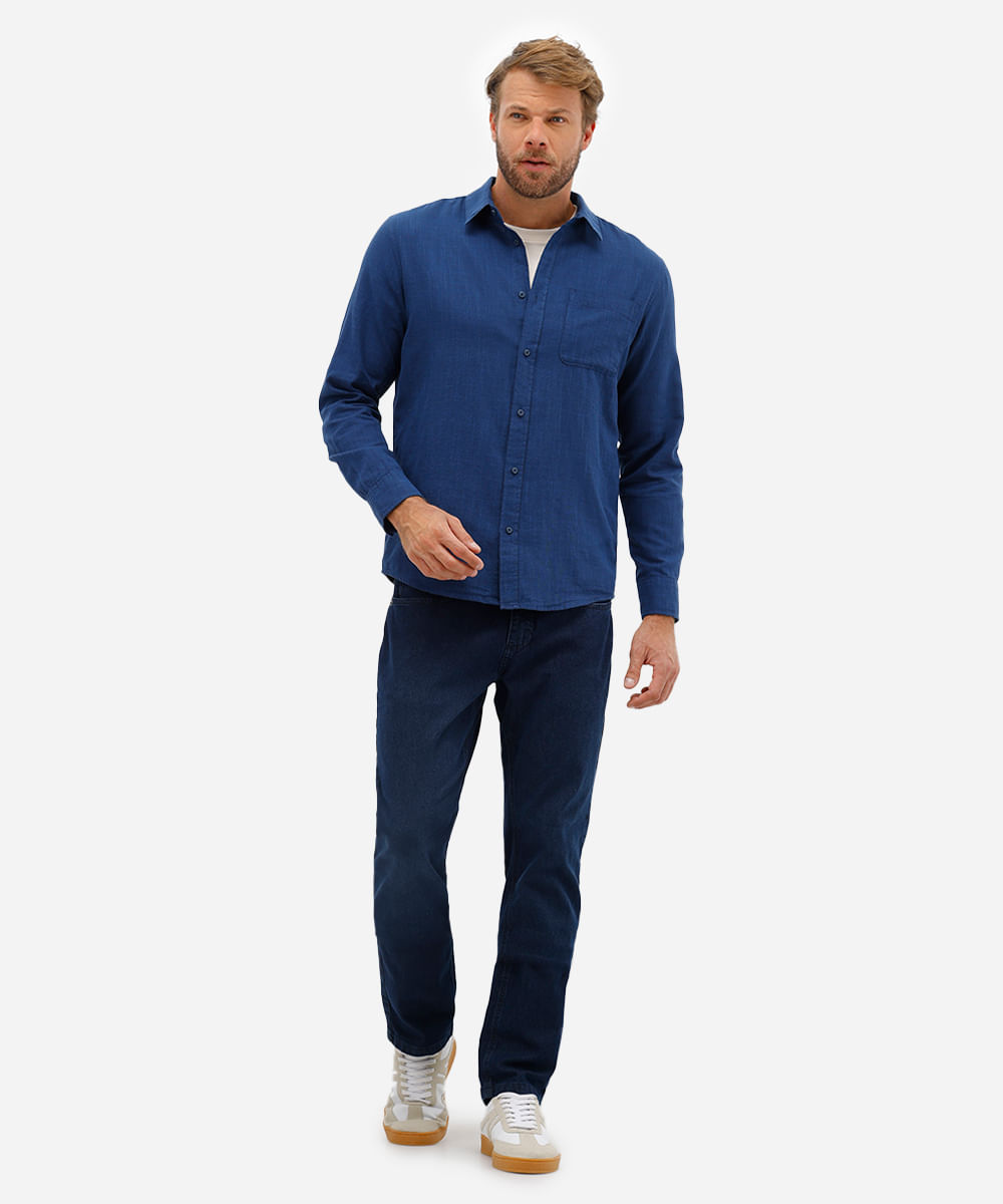 camisa comfort de algodão manga longa com bolso azul