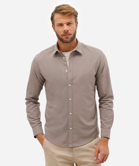 camisa comfort masculina de algodão manga longa bege