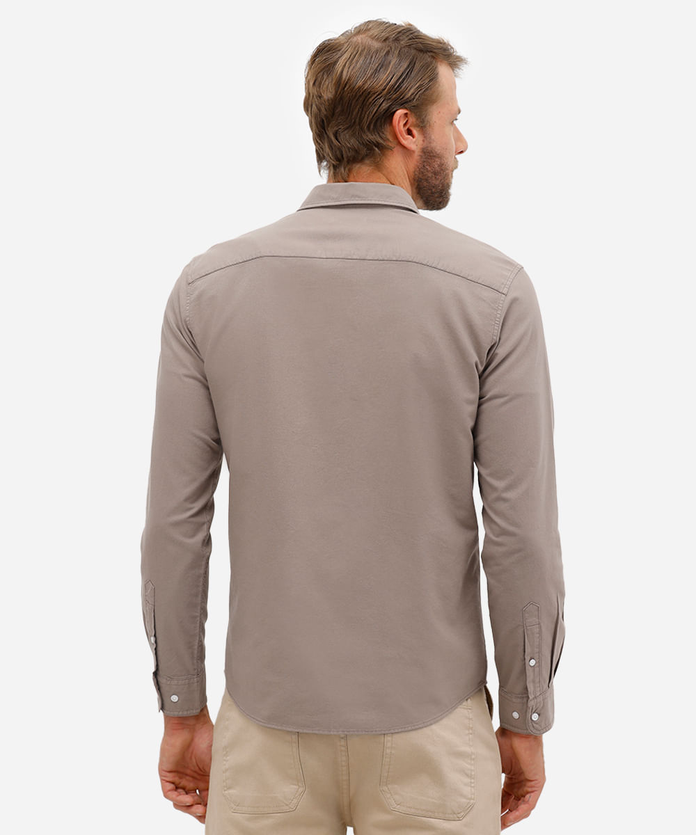 camisa comfort masculina de algodão manga longa bege