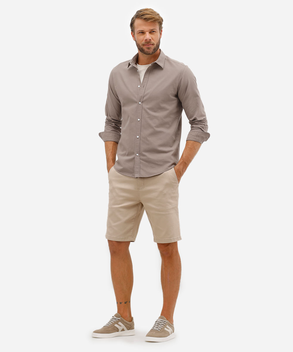 camisa comfort masculina de algodão manga longa bege