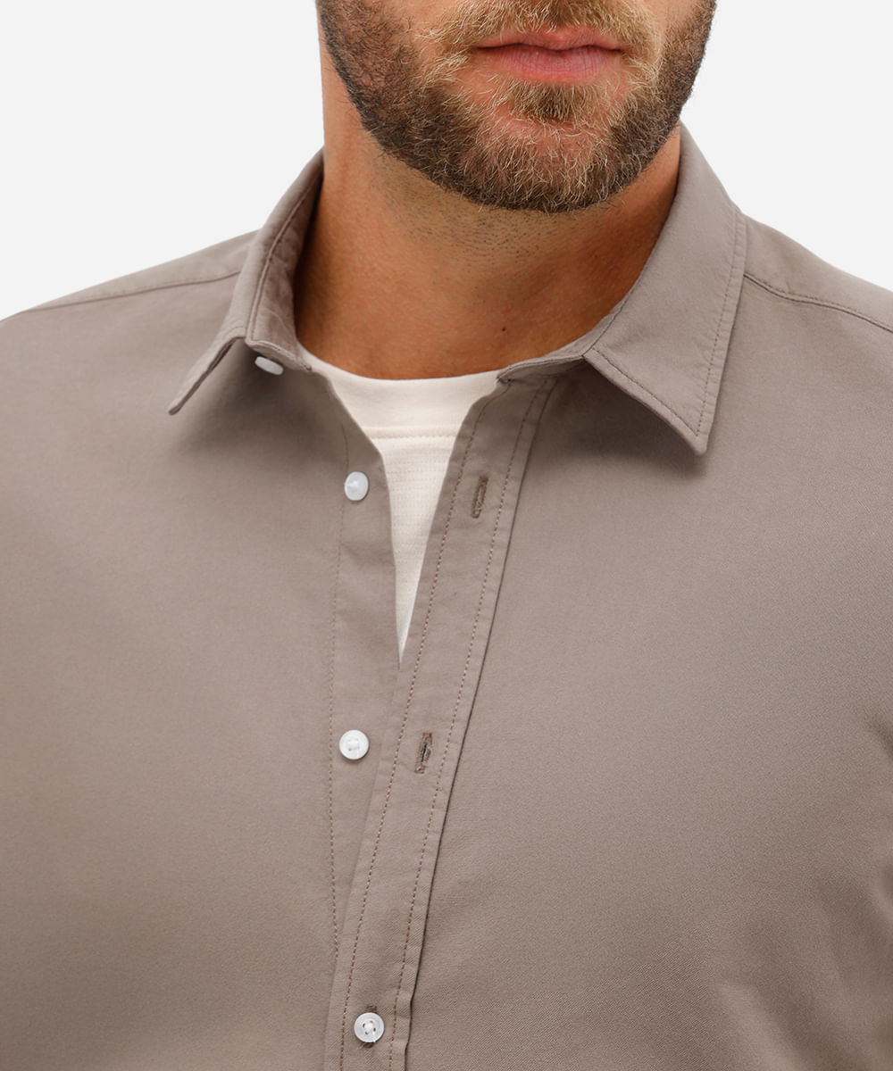 camisa comfort masculina de algodão manga longa bege