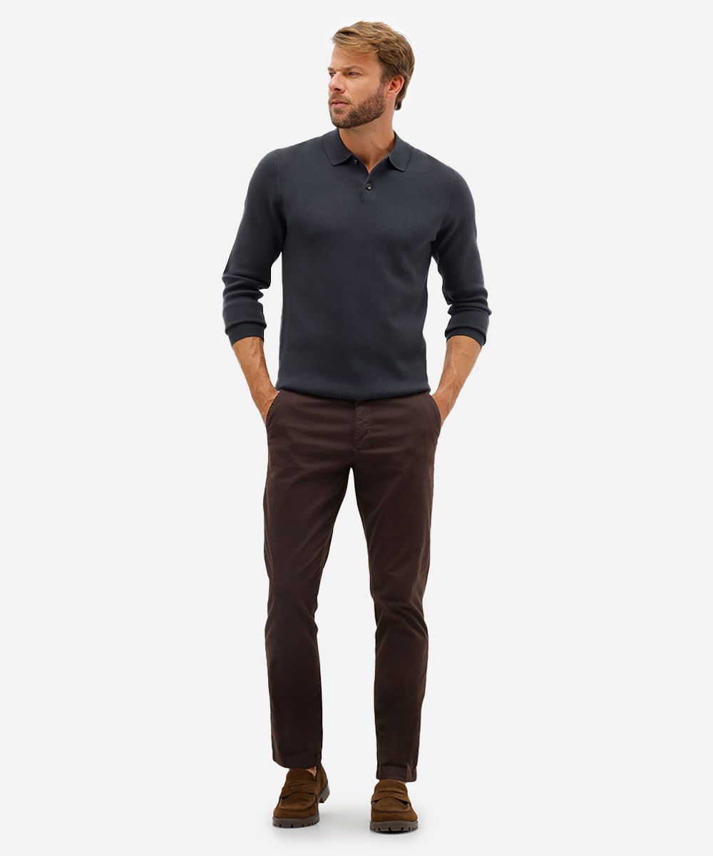 polo comfort masculina de tricot manga longa azul