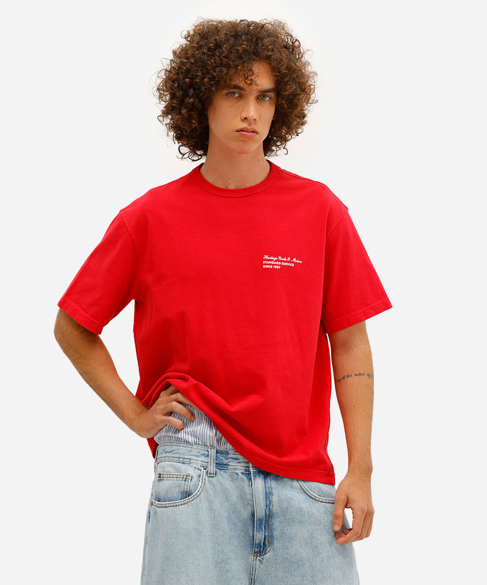 camiseta masculina de algodão estampada vermelha