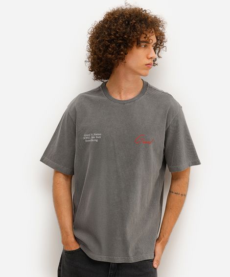 camiseta masculina de algodão estampada estonada cinza
