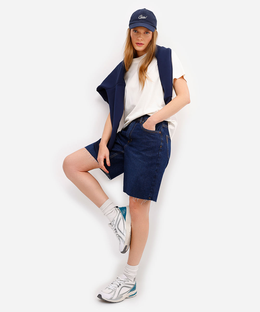 bermuda feminina jeans cintura alta barra a fio azul