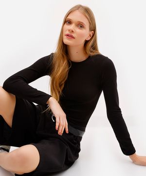 blusa básica feminina de algodão manga longa preta