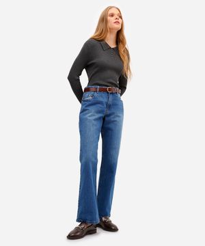 calça reta feminina jeans cintura alta azul