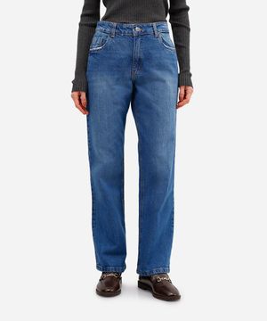 calça reta feminina jeans cintura alta azul