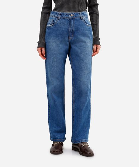 calça reta feminina jeans cintura alta azul