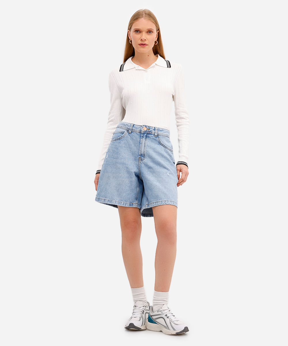 bermuda feminina jeans cintura média azul