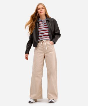 calça wide leg feminina de sarja cós elástico bege