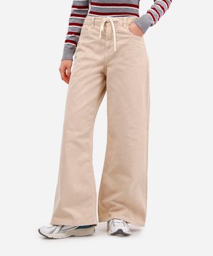 calça wide leg feminina de sarja cós elástico bege