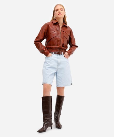 bermuda feminina jeans cintura alta com fendas azul