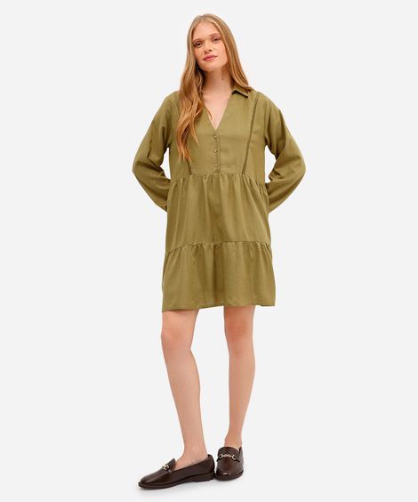 vestido com linho curto manga longa - verde médio