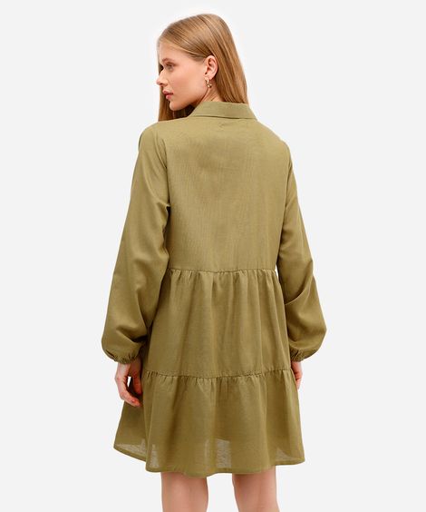 vestido com linho curto manga longa - verde médio