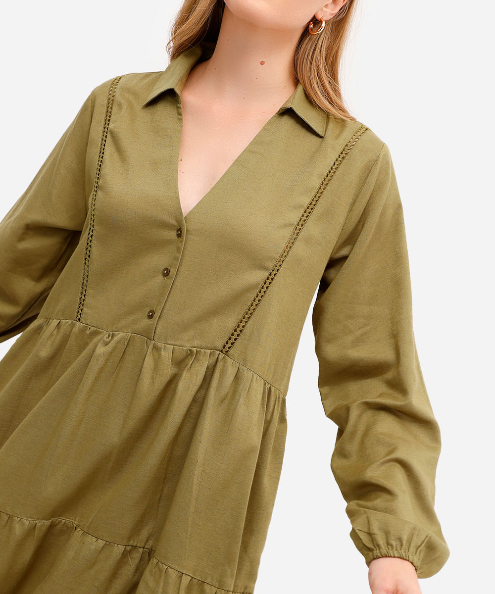 vestido com linho curto manga longa - verde médio