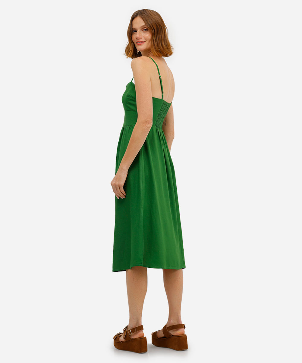 vestido midi feminino com linho e fendas verde