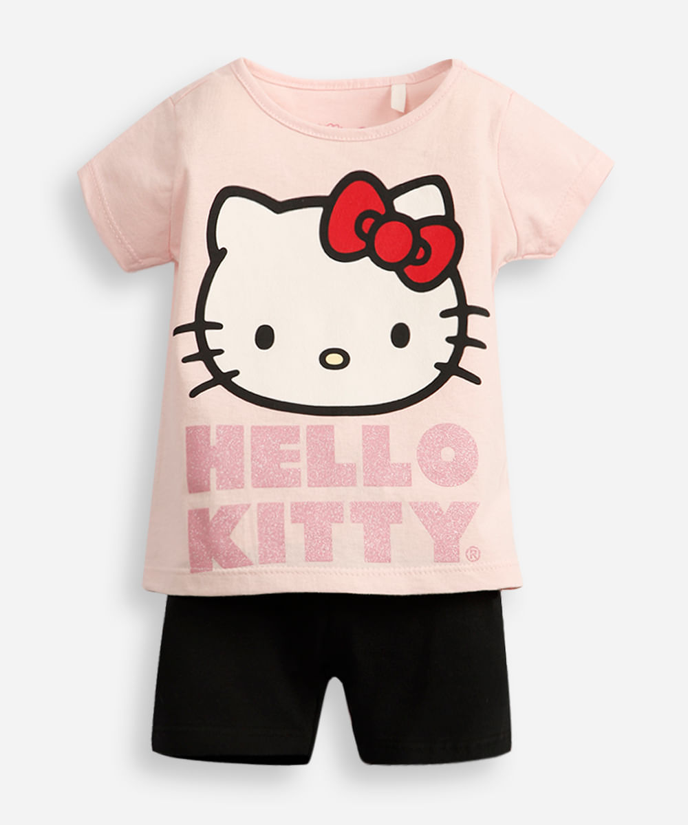 conjunto curto infantil de algodão hello kitty com glitter rosa