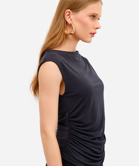 blusa feminina decote redondo franzida preta