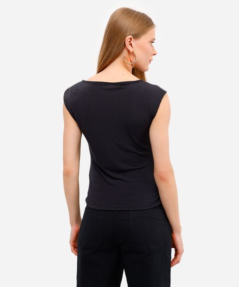 blusa feminina decote redondo franzida preta