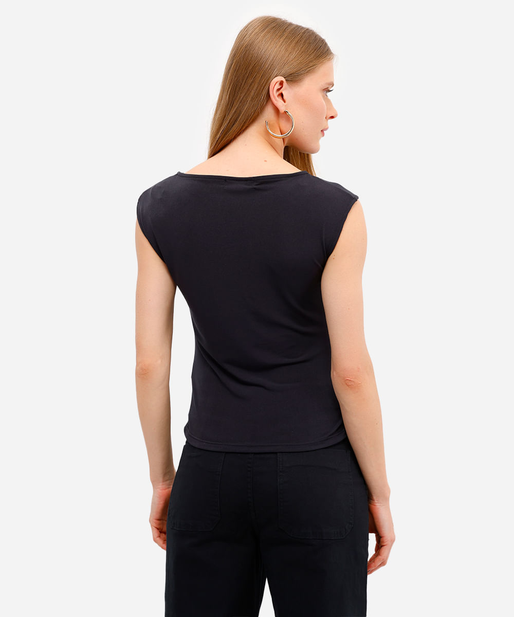 blusa feminina decote redondo franzida preta