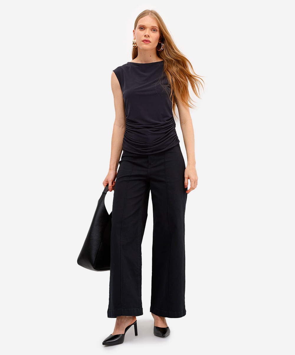 blusa feminina decote redondo franzida preta