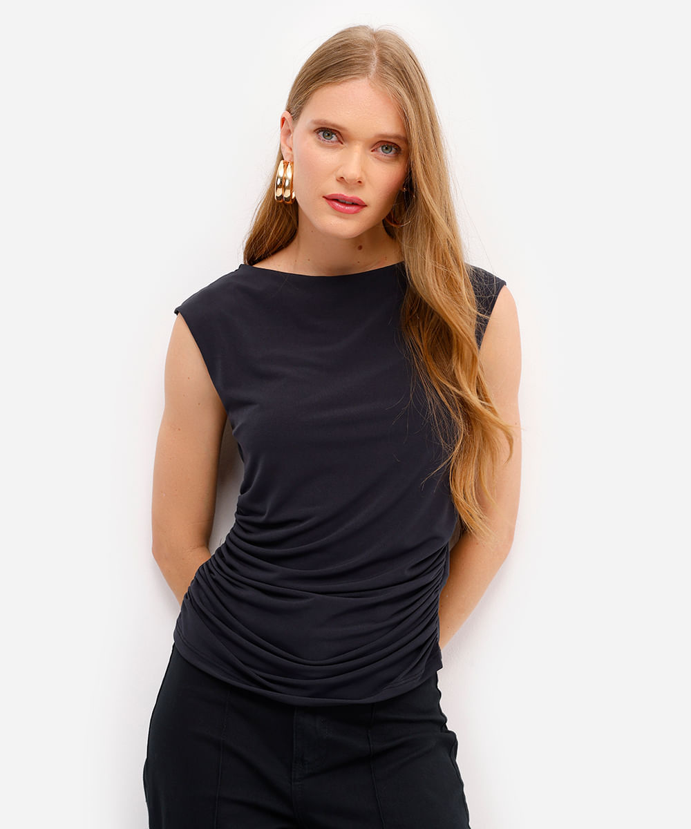 blusa feminina decote redondo franzida preta