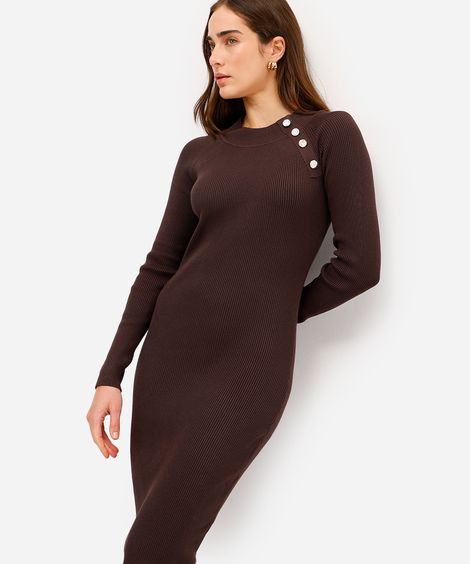 vestido midi feminino de tricot canelado marrom