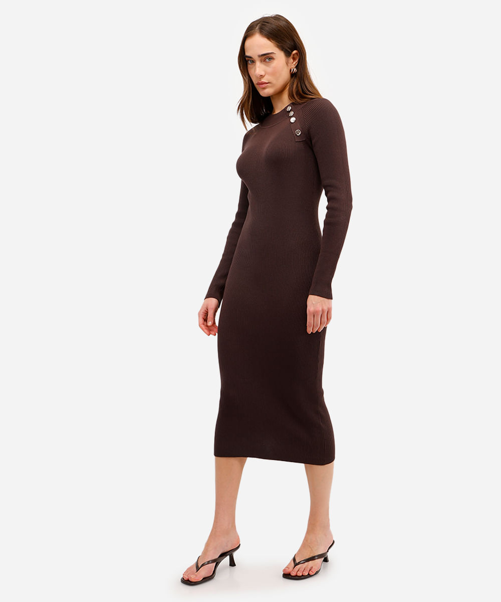 vestido midi feminino de tricot canelado marrom