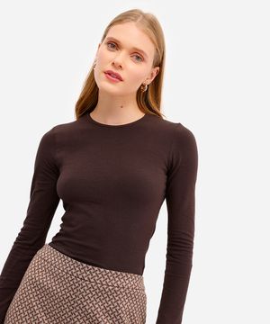 blusa básica feminina de algodão manga longa marrom