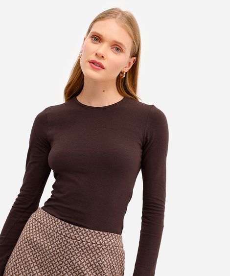 blusa básica feminina de algodão manga longa marrom