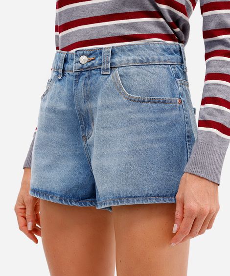 short feminino jeans com fendas azul