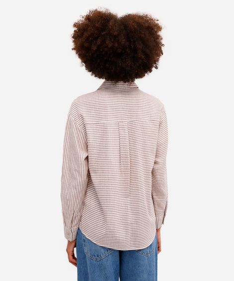 camisa feminina oversized com bordado listrada marrom