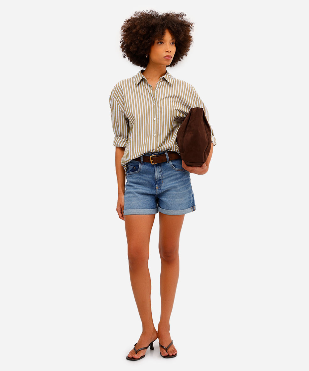 short mom feminino jeans cintura alta azul