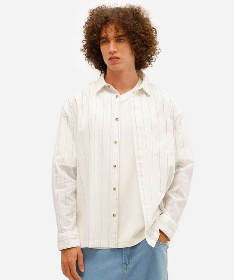 camisa masculina com linho oversized listrada off white
