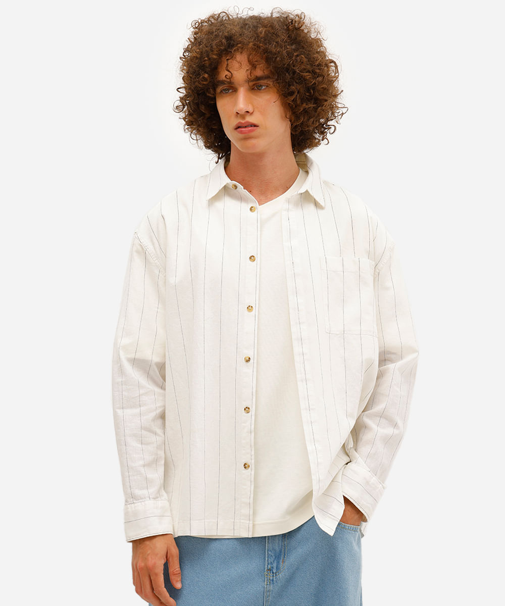 camisa masculina com linho oversized listrada off white