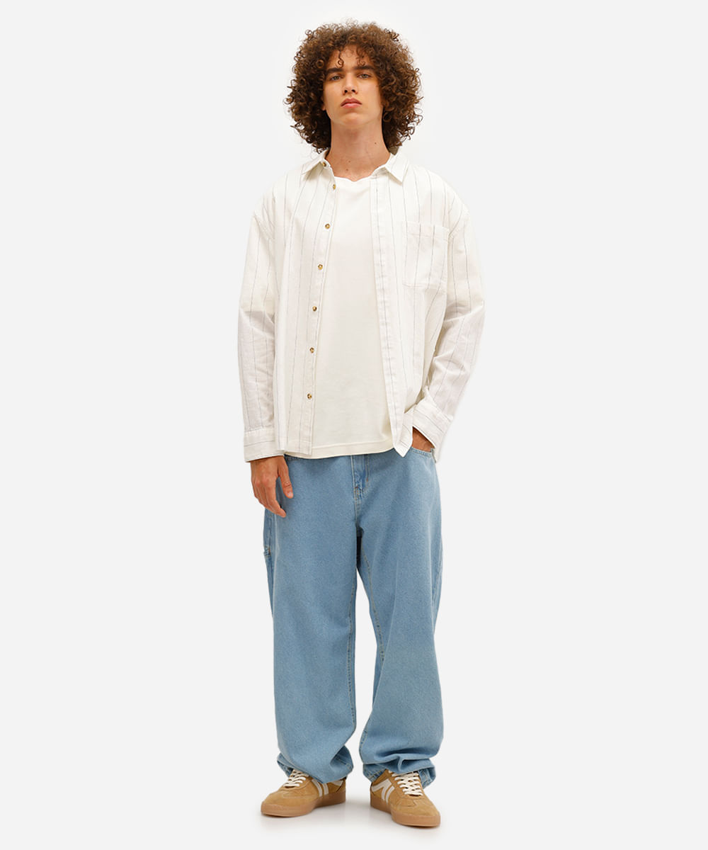 camisa masculina com linho oversized listrada off white