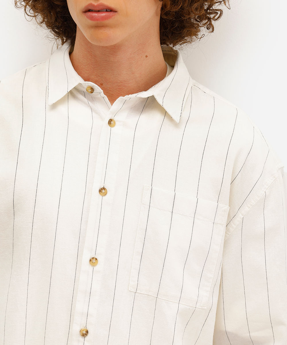 camisa masculina com linho oversized listrada off white