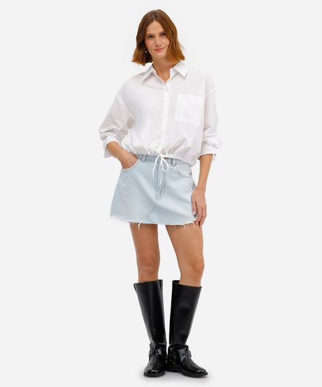 minissaia feminina jeans barra desfiada azul