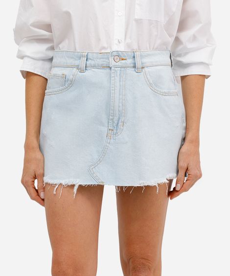 minissaia feminina jeans barra desfiada azul