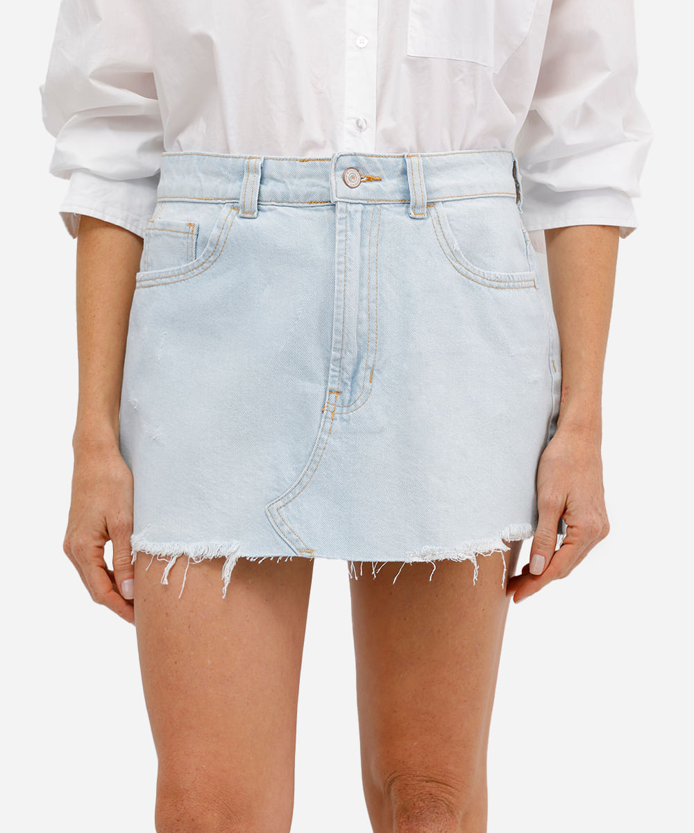 minissaia feminina jeans barra desfiada azul