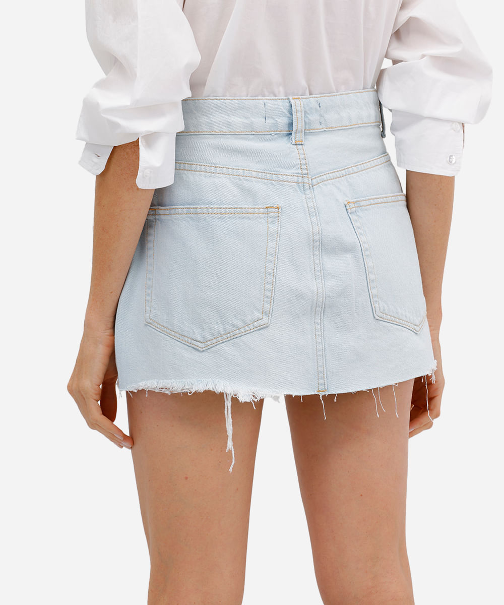 minissaia feminina jeans barra desfiada azul
