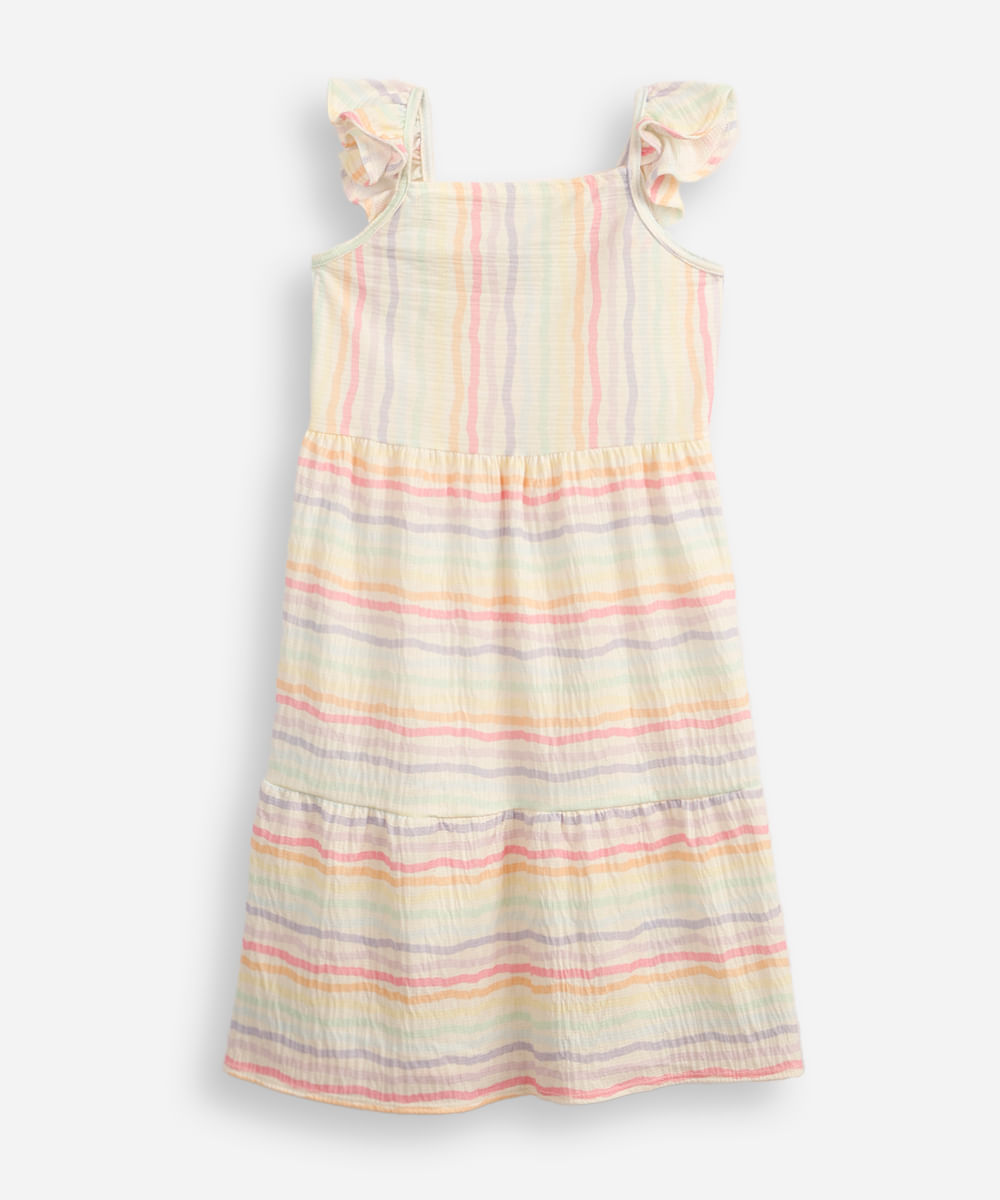 vestido infantil com recorte listrado texturizado colorido