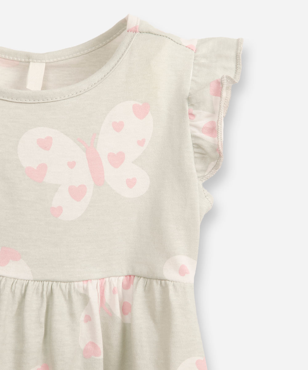 vestido infantil de algodão borboletas com babados verde