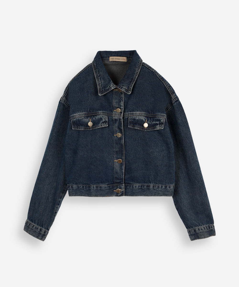 jaqueta jeans juvenil cropped stitch - jeans medio
