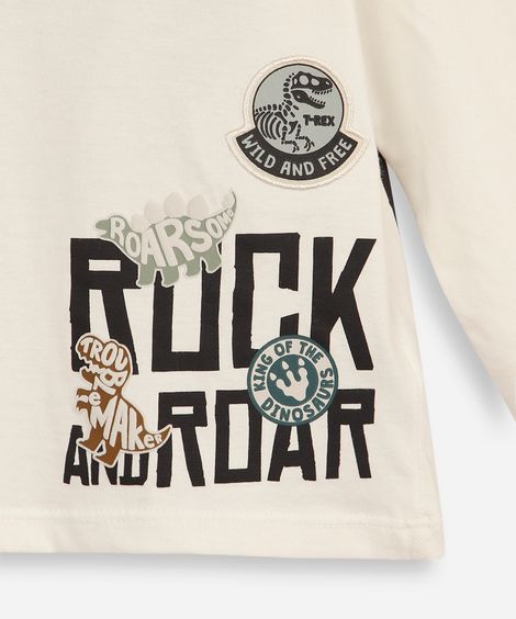 blusa infantil de algodão patches de dinossauro off white