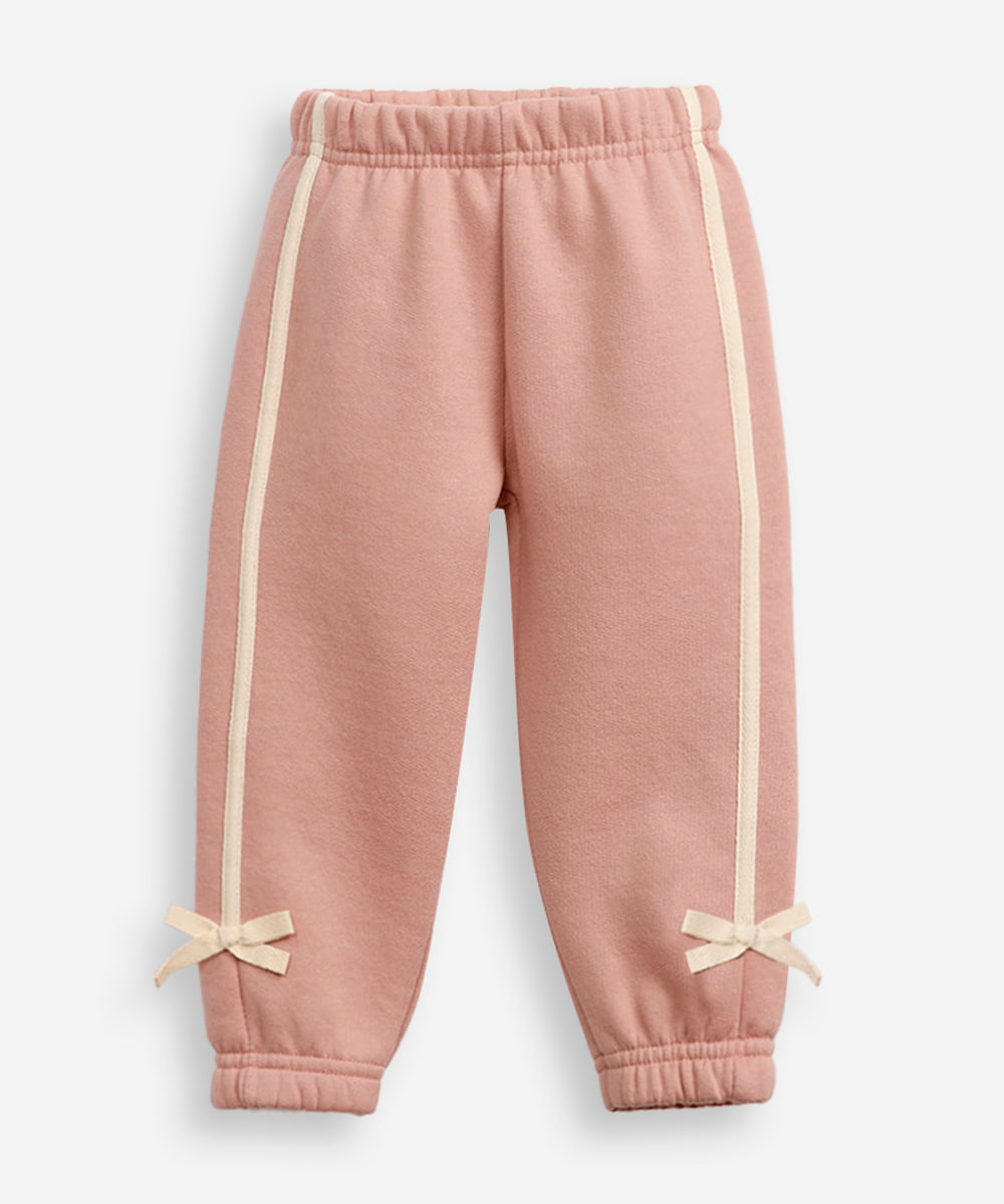 calça jogger infantil de moletom com laços rosa