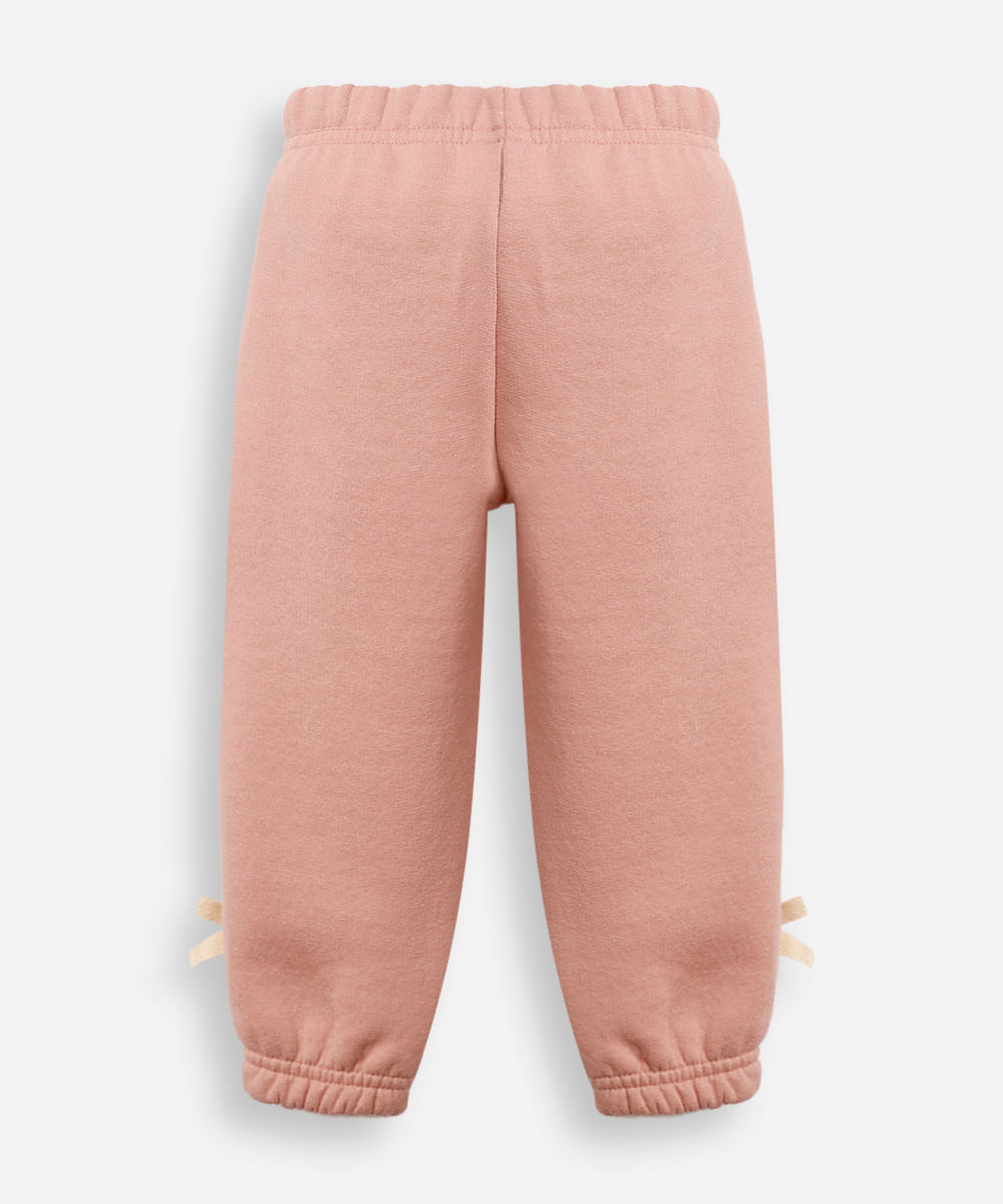 calça jogger infantil de moletom com laços rosa