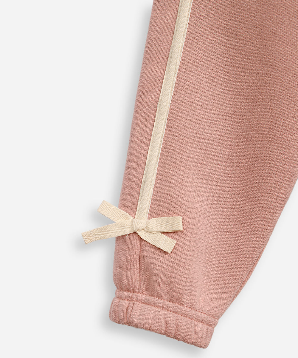 calça jogger infantil de moletom com laços rosa